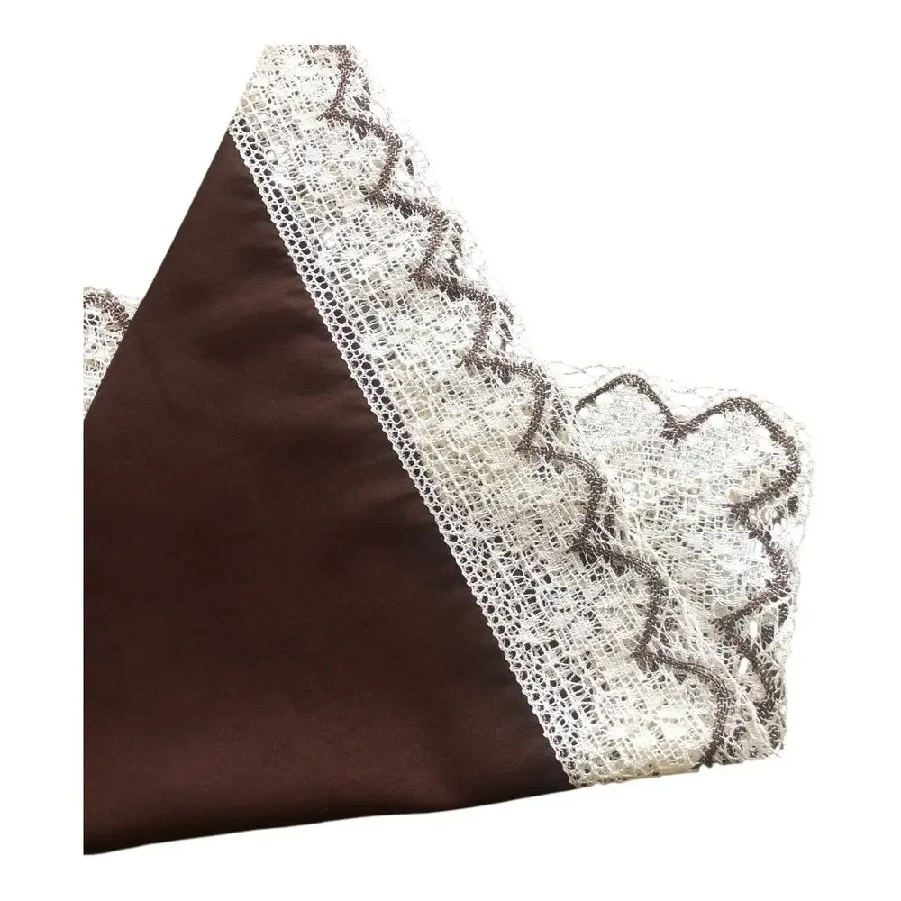 Vintage Brown Table Topper with White Crochet Lace Trim Square Tablecloth